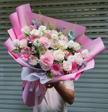 bó hoa hồng pastell bó dài bồng bềnh 