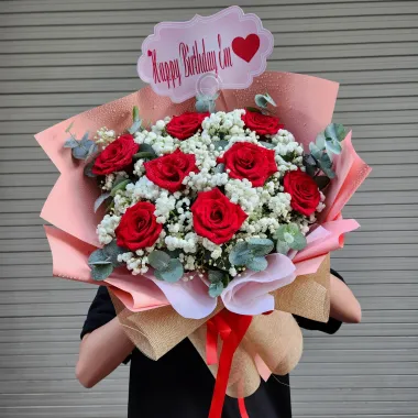 bó hoa hồng đỏ 9 bông giấy hồng 