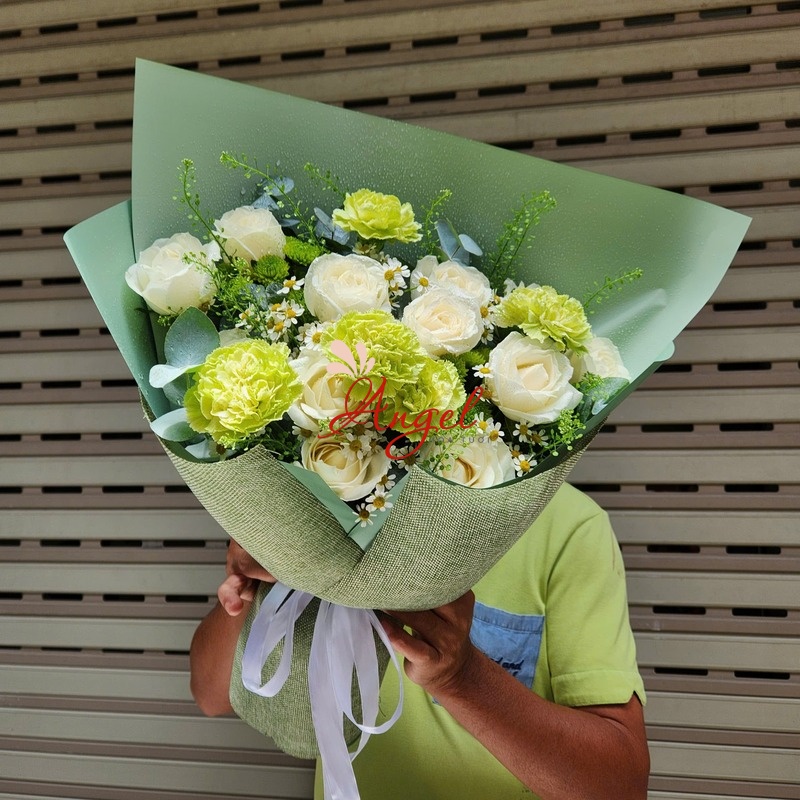 Bó Hoa Hồng Trắng Tone Xanh Hàn Quốc TP.HCM | Hoa Tươi Angel 