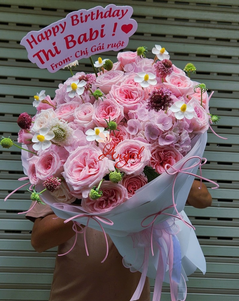 Bó Hoa Sinh Nhật Tone Hồng Pastel Mix Hoa Cẩm Tú Cầu | Hoa Tươi Angel