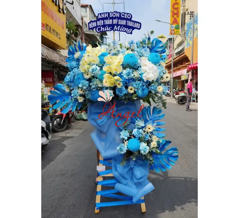 Kệ Hoa Khai Trương Cao Cấp Tone Xanh TP.HCM Hoa Tươi Angel