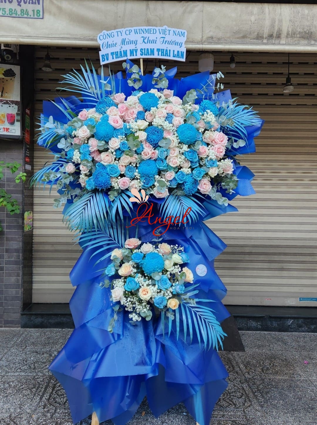 Kệ Hoa Chúc Mừng Tone Xanh Dương Sang Trọng TP.HCM |  Hoa Tươi Angel