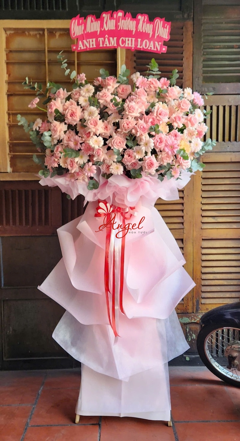 Kệ Hoa Khai Trương Tone Hồng Pastel Sang Trọng | Hoa Tươi Angel