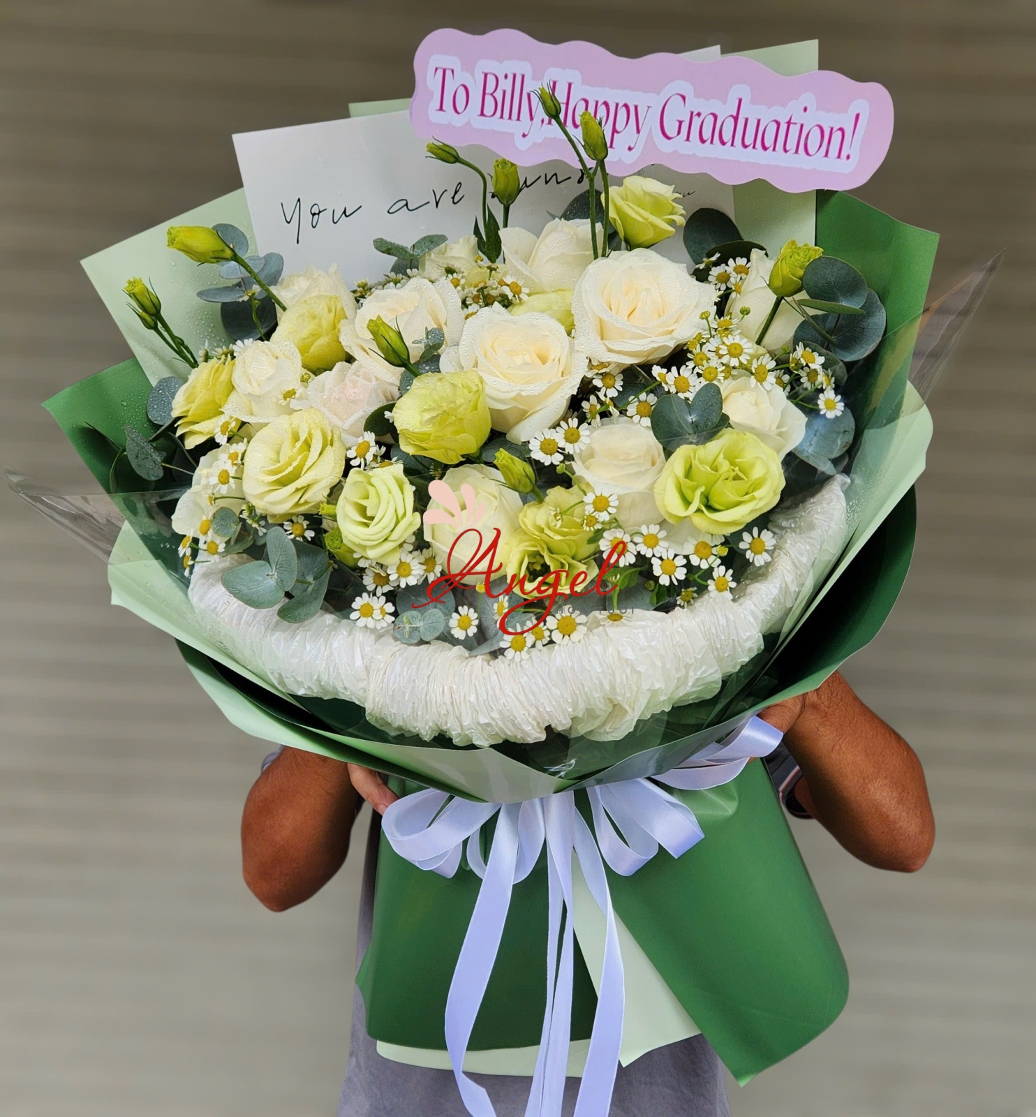 bó hoa pastel xanh trắng